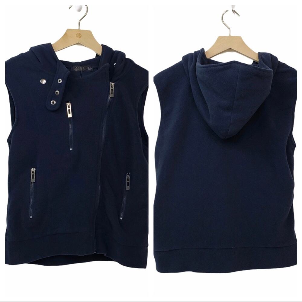 Doublju Fitted Zip-Up Hooded Moto Vest Blue NEW